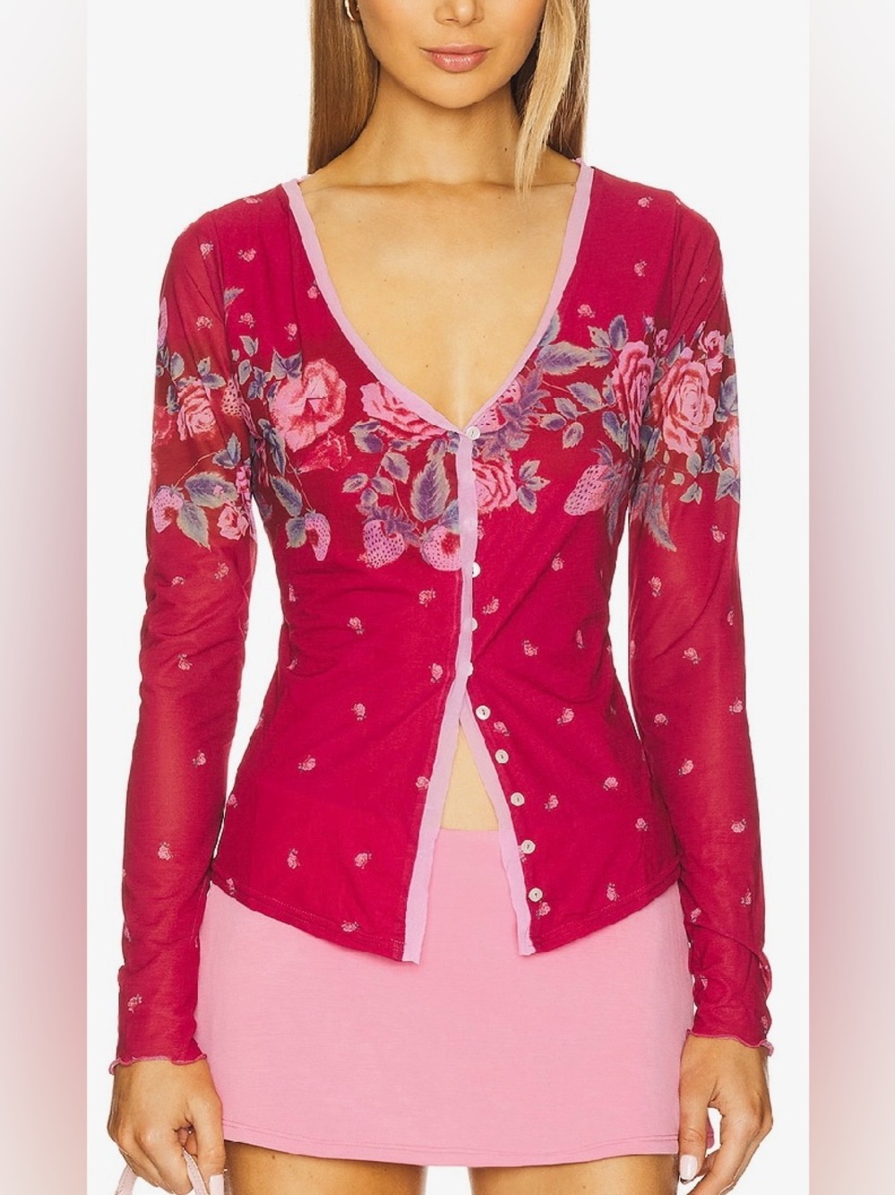 Free People Red Home Grown Mesh Cardi Floral Button Up Top - Small